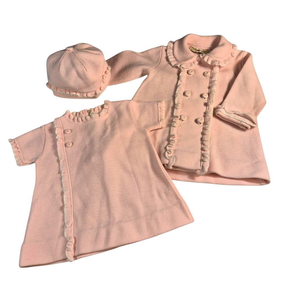 VTG 1960s-1970s Little World Inc Toddler Girls Pink Knit Dress Sweater & Hat Set
